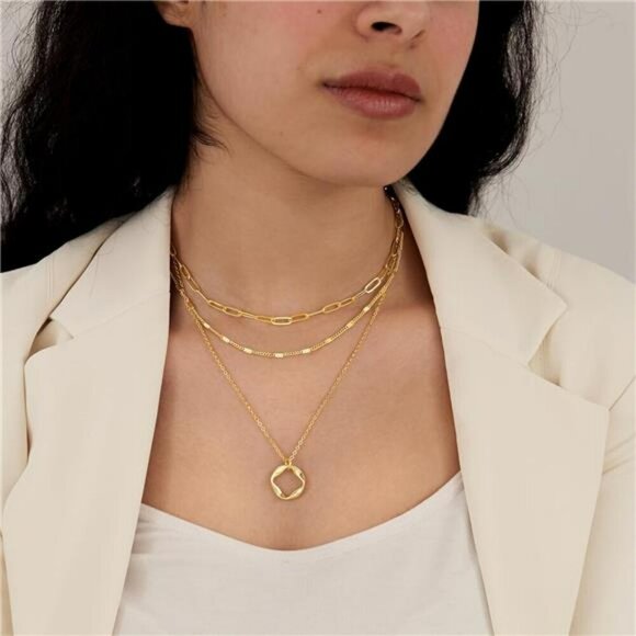 Layered Gold Necklace Set Dainty Paperclip Chain Cross Circle Pendant Jewelry - Picture 2 of 8